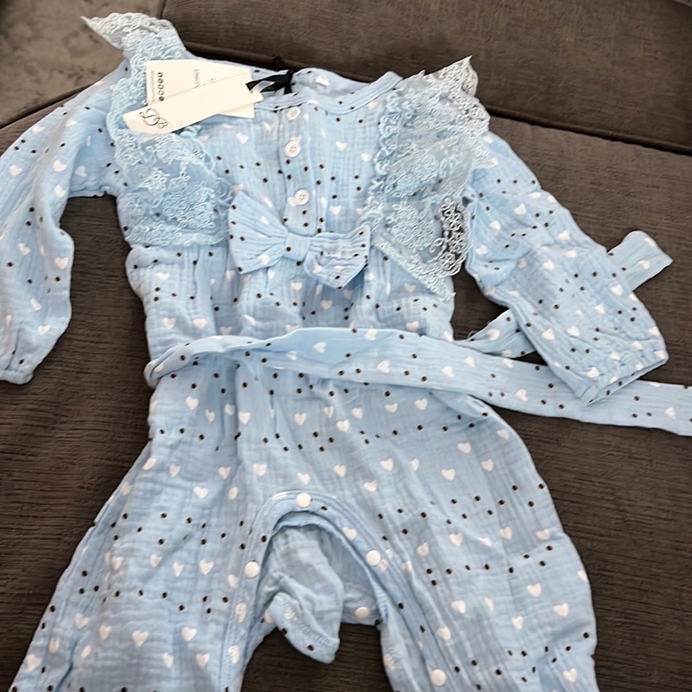 NWT Belle Danna baby girl jumpsuit with lace detailing, includes matching belt